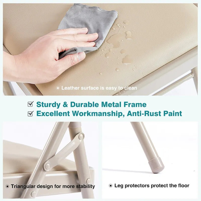 Padded Folding Chairs Set of 2, PU Leather Metal Frame Foldable Chairs for Home, Office & Events